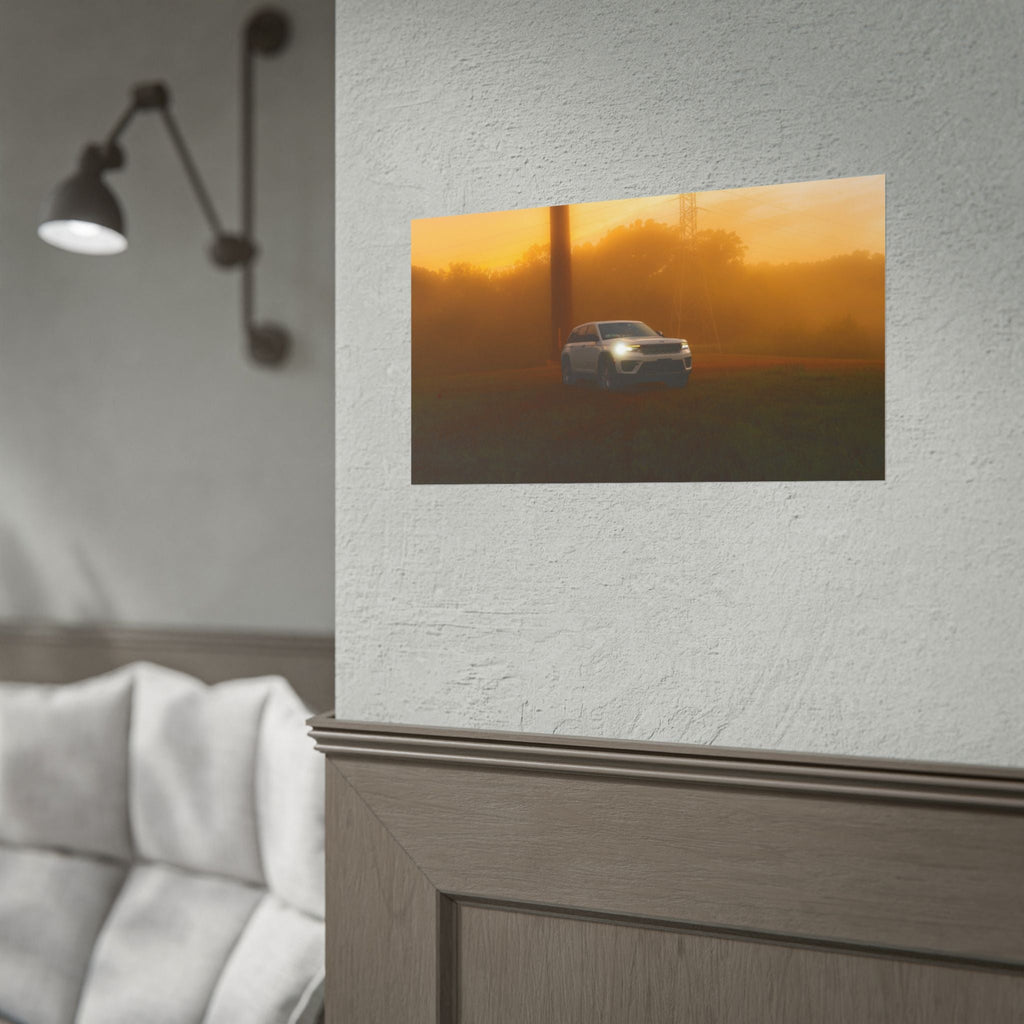 Jeep Grand Cherokee photographic poster featuring a white suv cutting through warm amber fog at sunset with glowing headlights