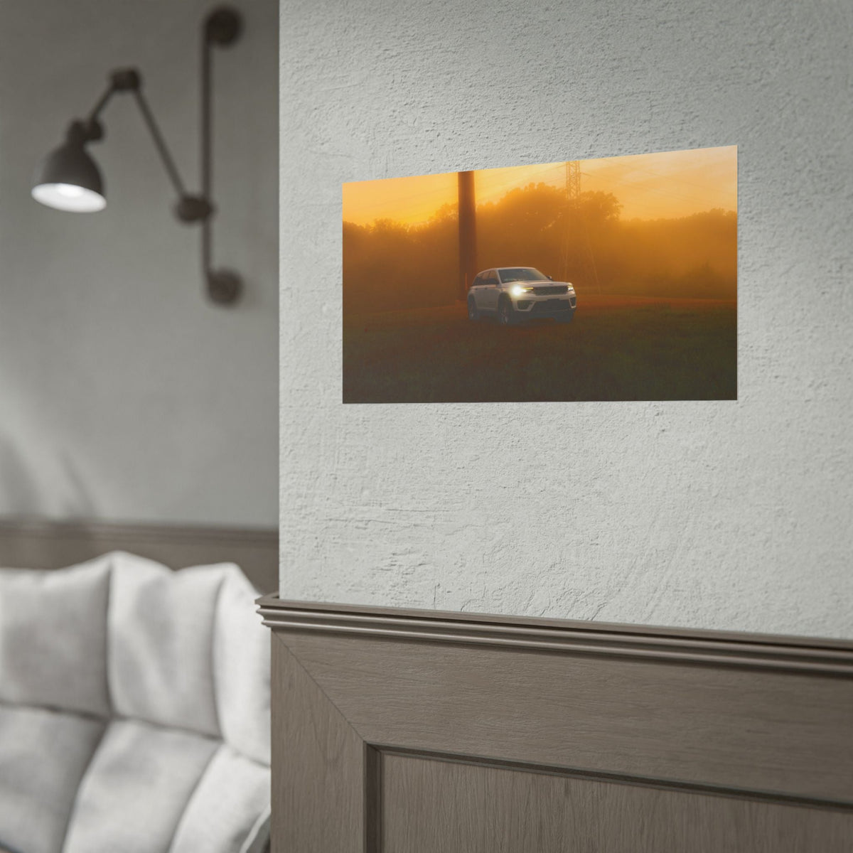 Jeep Grand Cherokee photographic poster featuring a white suv cutting through warm amber fog at sunset with glowing headlights