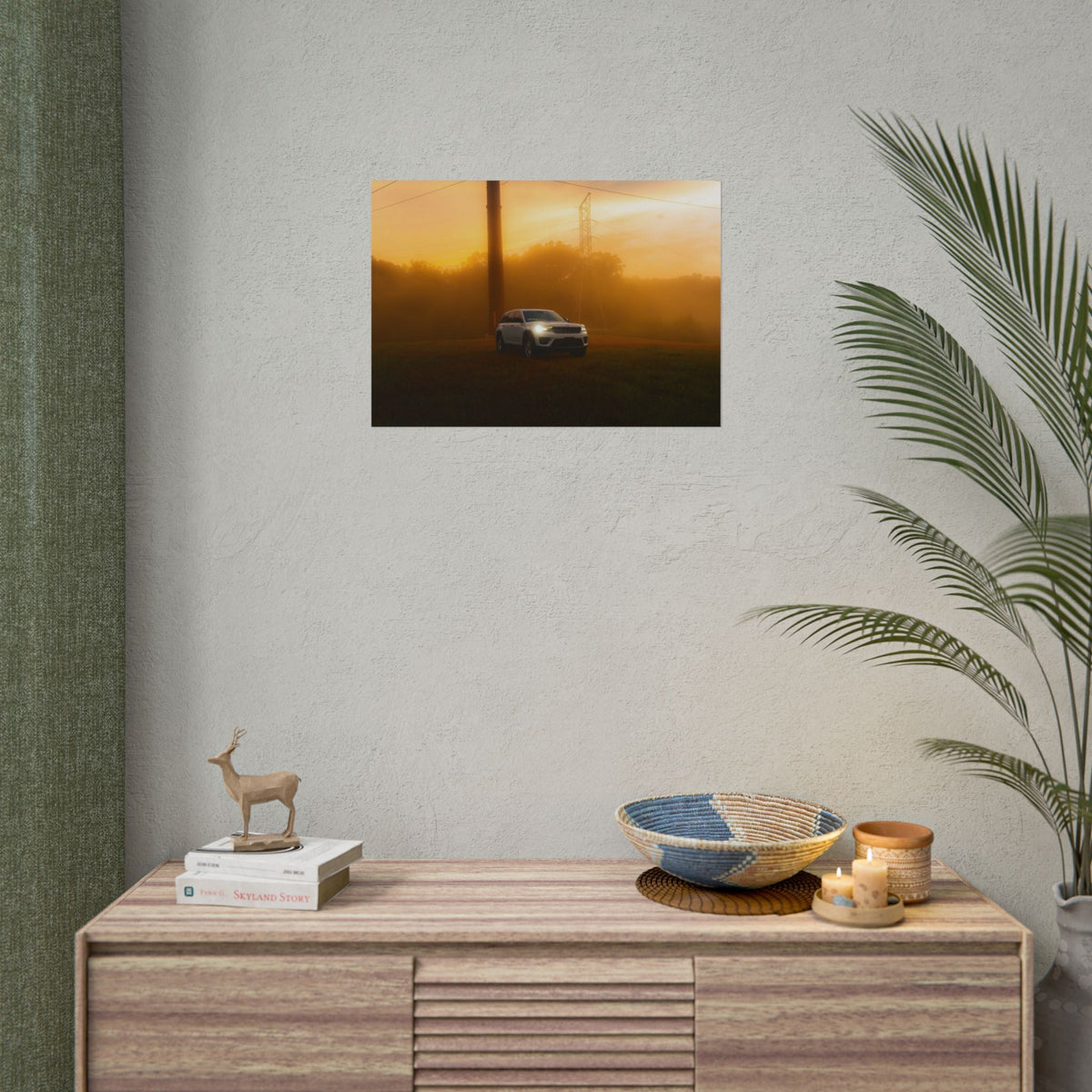 Jeep Grand Cherokee poster featuring a silver SUV driving through warm, hazy amber sunset fog with power lines