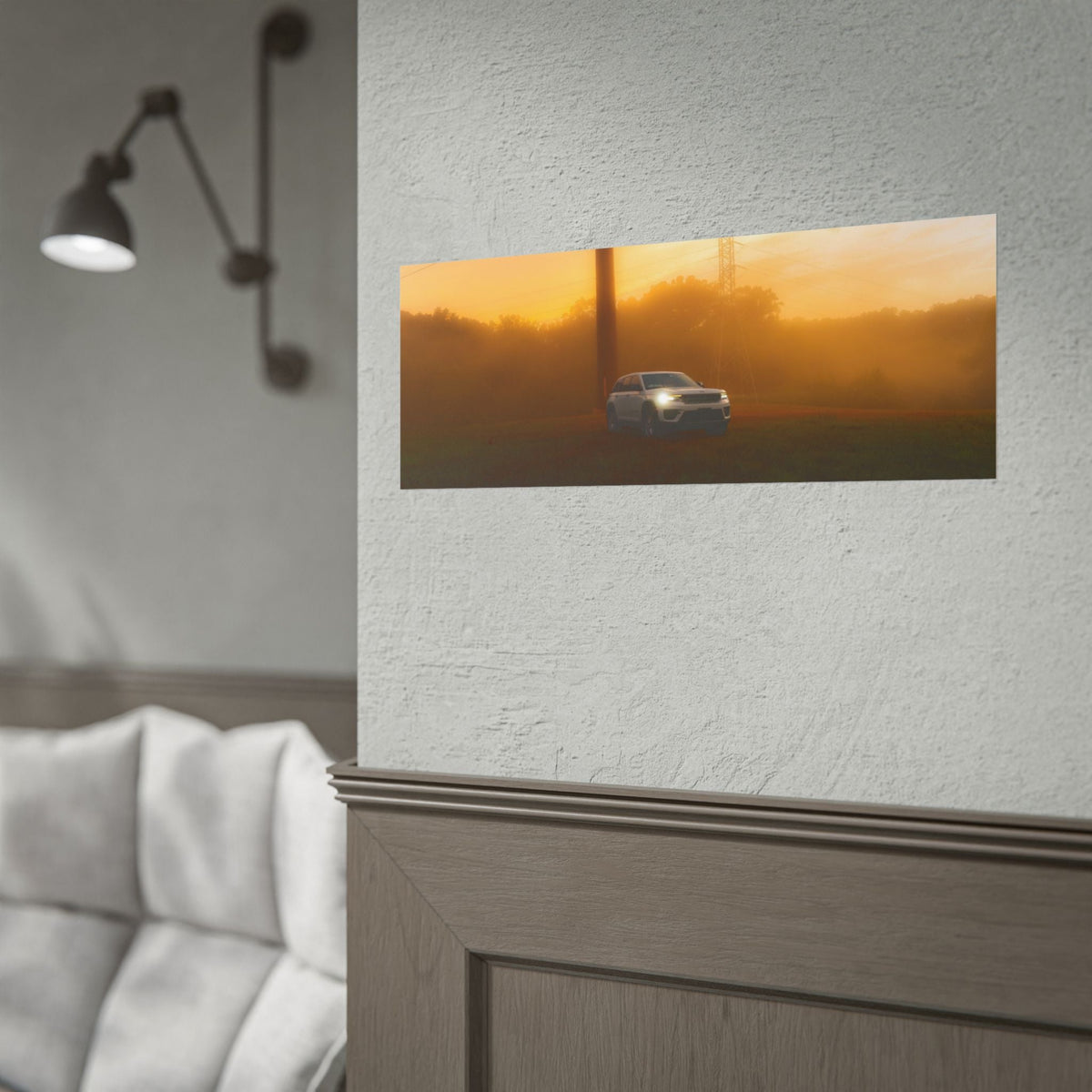 Jeep Grand Cherokee in a sunrise fog print with warm amber hues, a lone SUV in misty atmosphere, cinematic mood