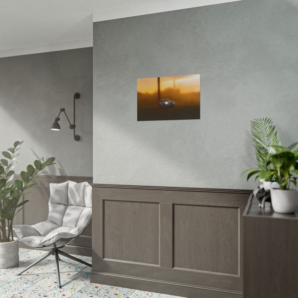 Jeep Grand Cherokee wall art poster in warm amber sunset fog with cinematic mist and power lines, hung in modern gray room