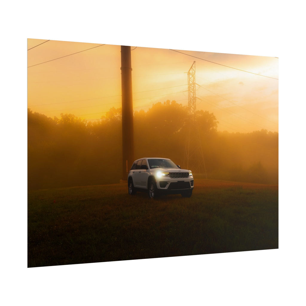 Jeep Grand Cherokee white SUV with headlights on driving through orange sunset fog near power lines and trees